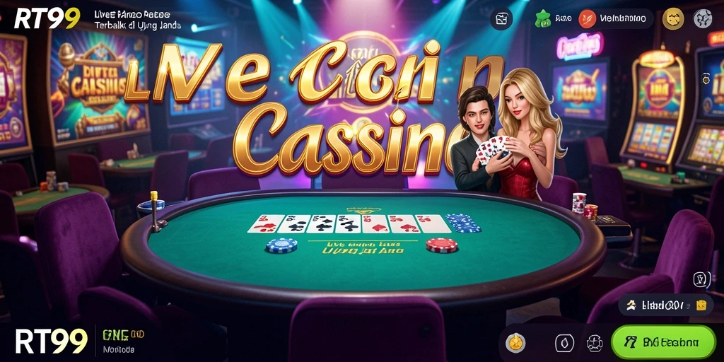 Screenshot RT99 menampilkan dealer langsung dan suasana kasino yang hidup.
